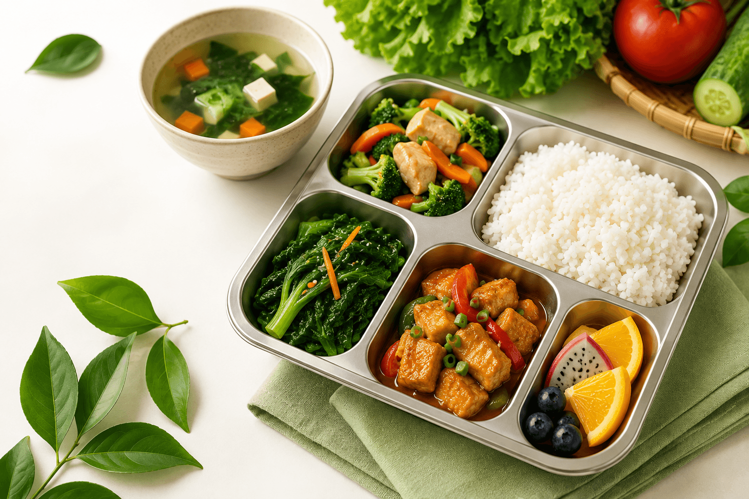 Khay cơm đầy đủ món mặn, rau, canh
